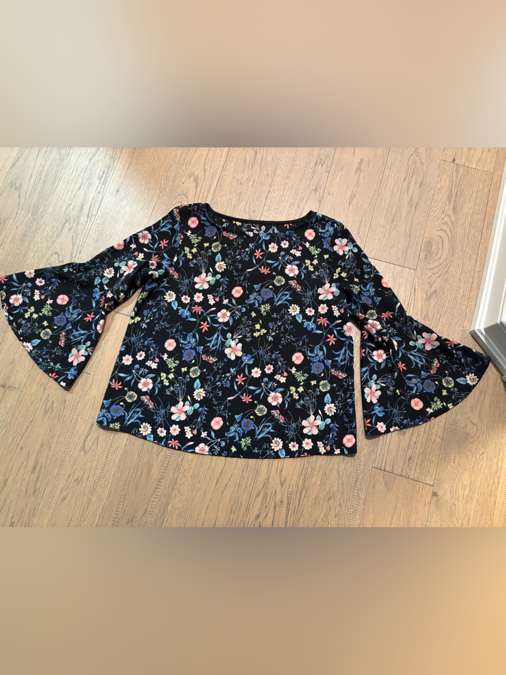 Black Floral Bell Sleeve Top